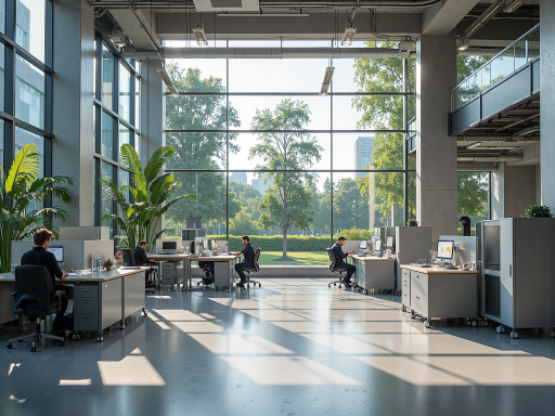 Modern office environment with diverse team members working together at a large desk, natural light from windows, collaborative atmosphere