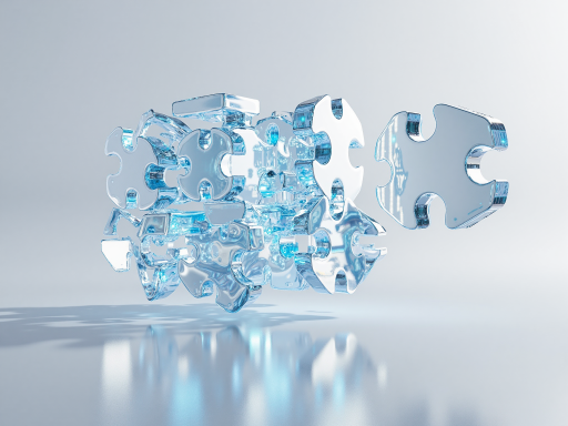 Abstract geometric shapes representing innovation and growth, with a blue and white color scheme, symbolizing vision and values